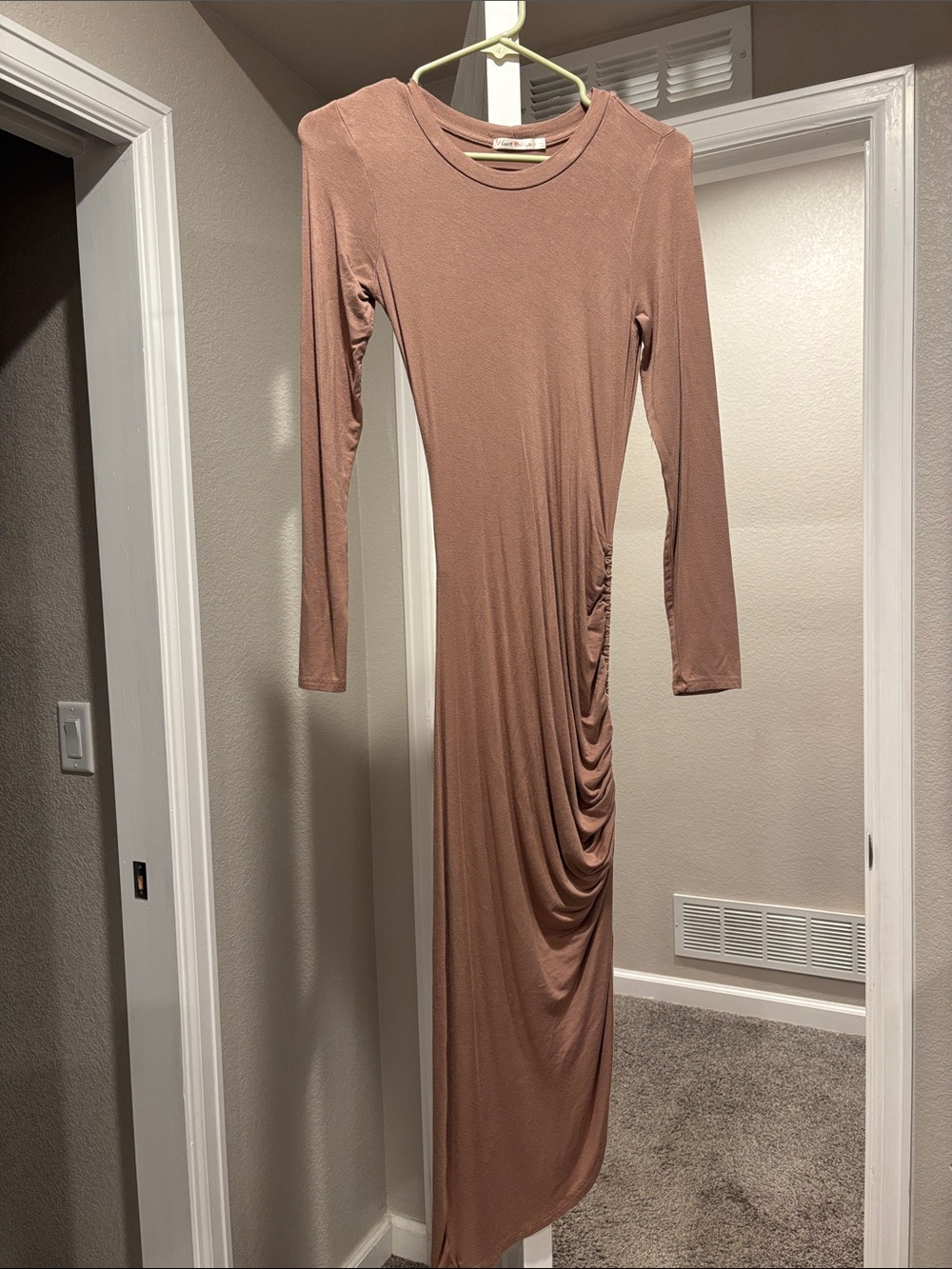 Ruched Long Sleeve Maxi Dress in Dusty Rose